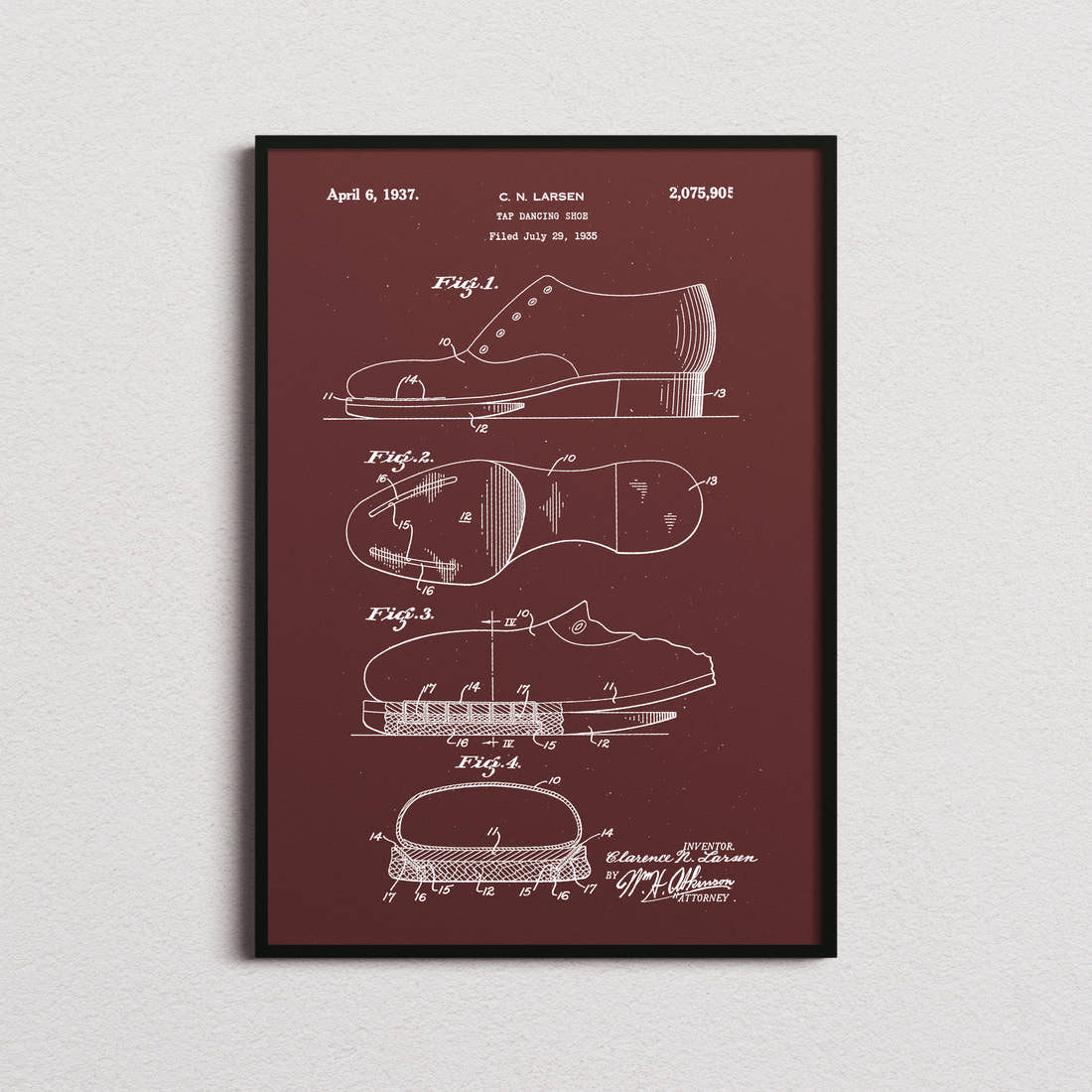 Tap Dancing Shoes Patent Print in the burgundy colourway, framed