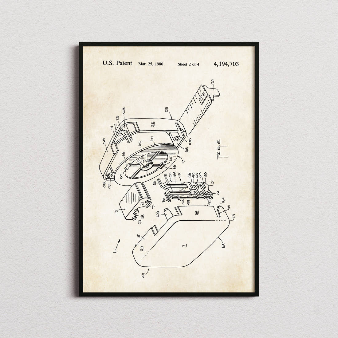 Tape Measure Patent Print in the aged paper colourway, framed