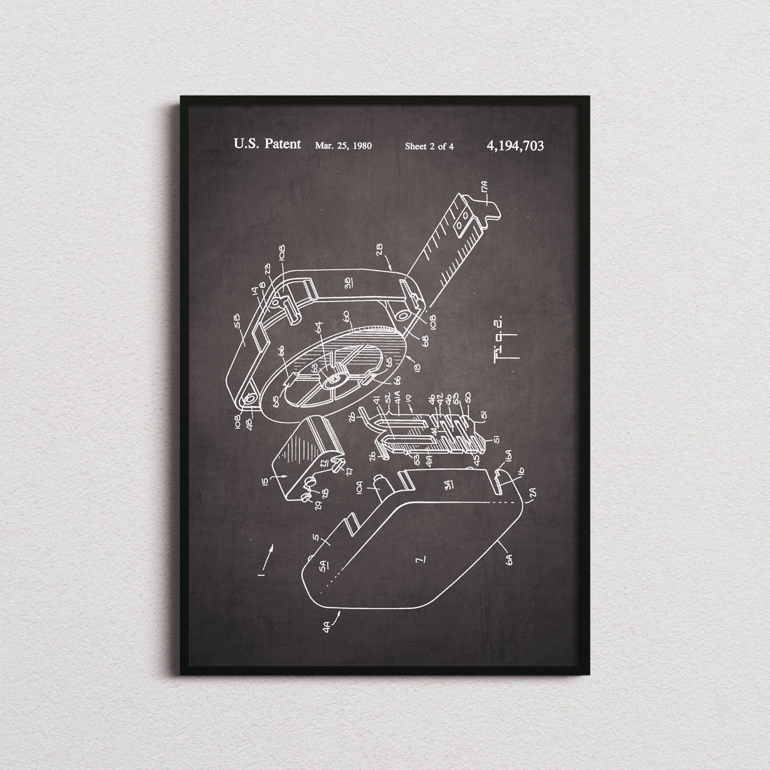 Tape Measure Patent Print in the blackboard colourway, framed