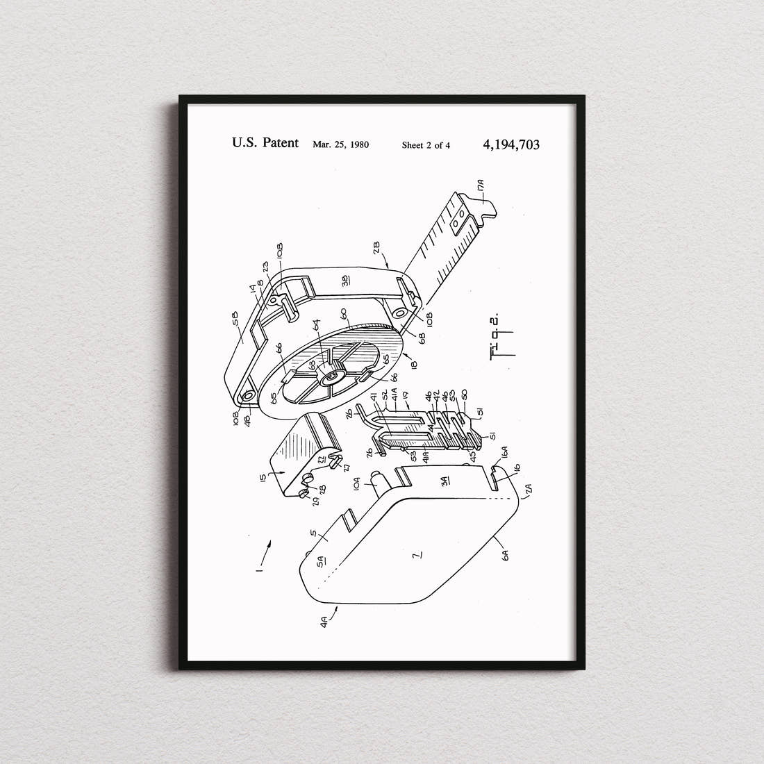 Tape Measure Patent Print in the white colourway, framed