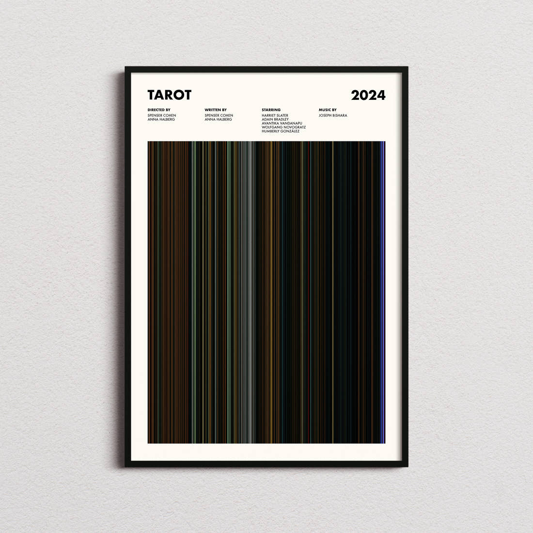 Tarot Movie Barcode Poster framed on a plain studio wall