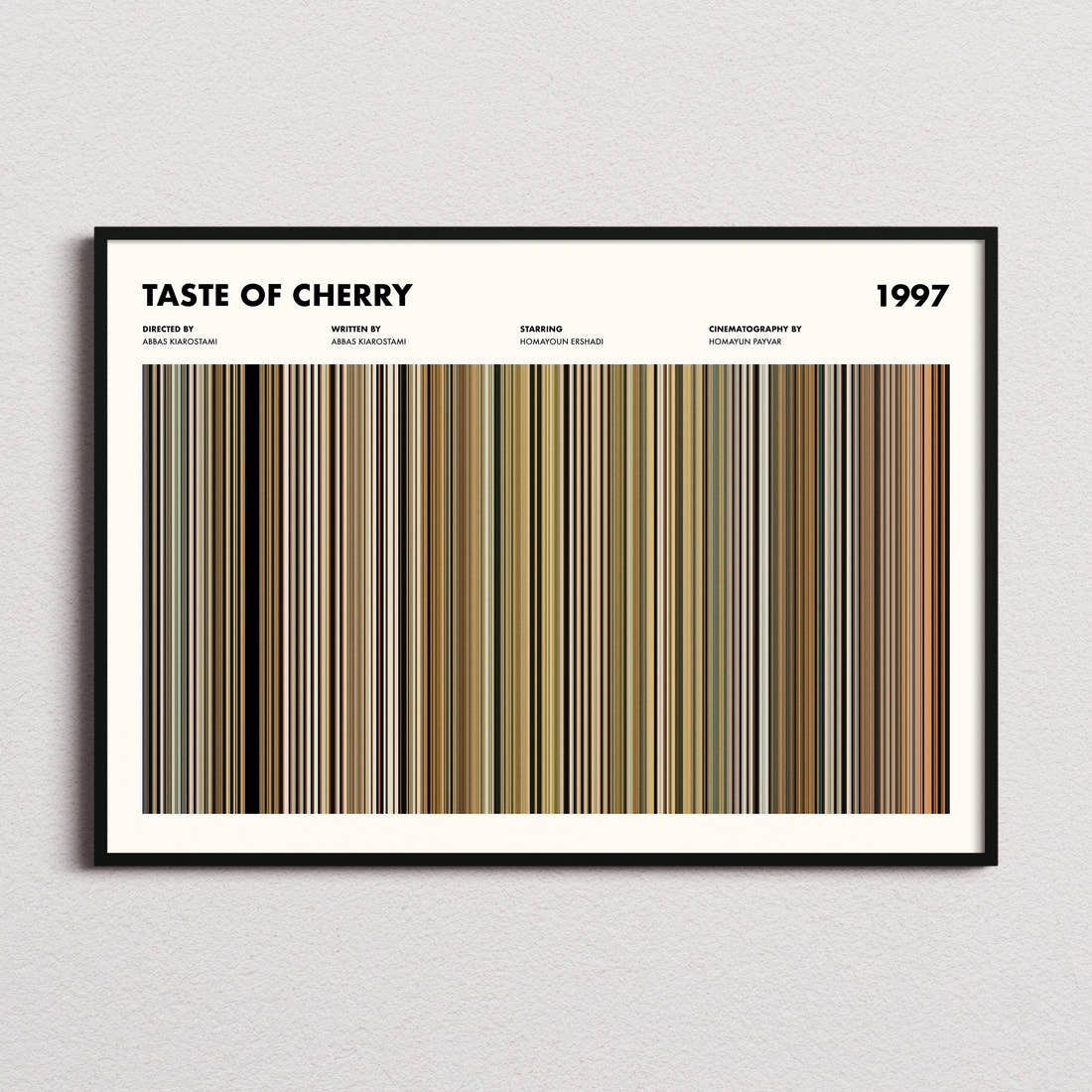 Taste of Cherry Movie Barcode Poster framed and photographed straight on