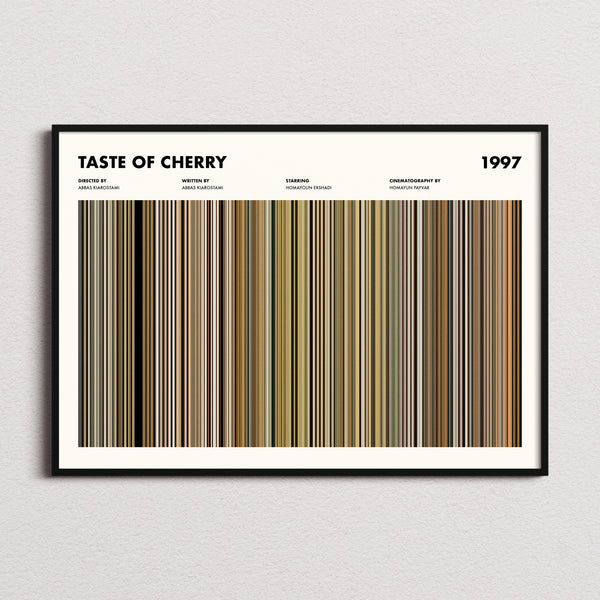 Taste of Cherry Movie Barcode Poster framed and photographed straight on