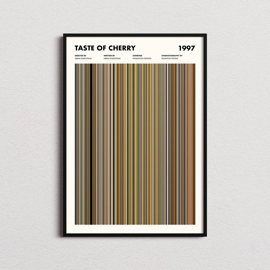 Taste of Cherry Movie Barcode Poster framed on a plain studio wall