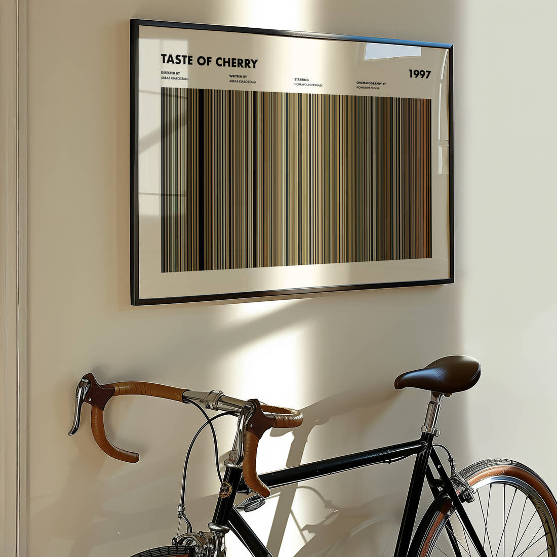 Taste of Cherry Movie Barcode Poster framed on the wall of a styled room setting