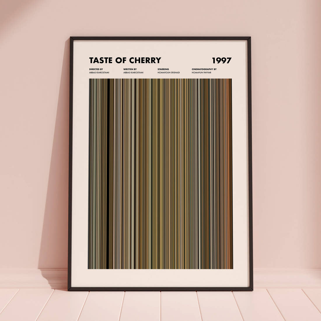 Taste of Cherry Movie Barcode Poster framed and leaning against a coloured wall