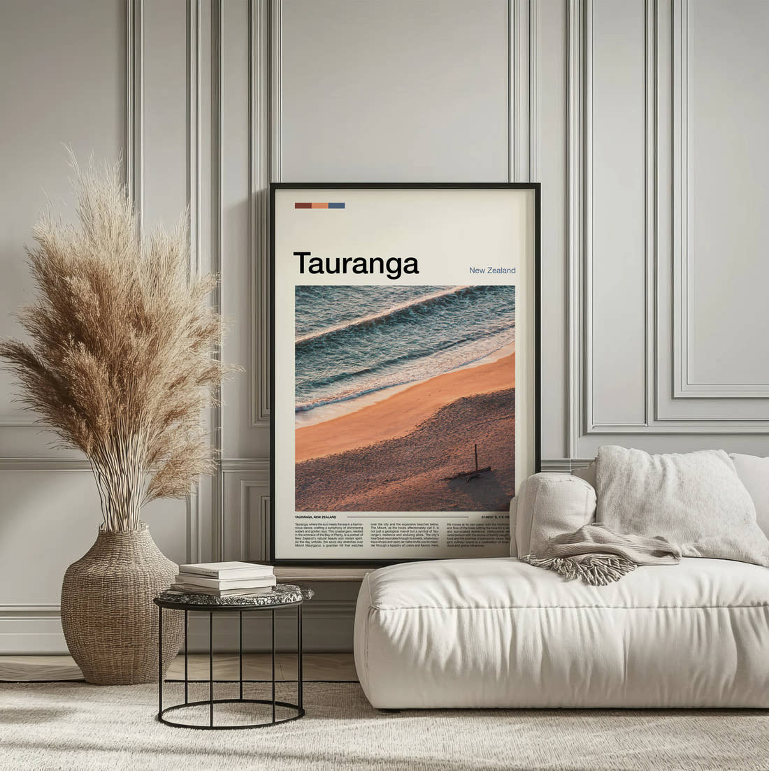 Tauranga Travel Print framed on the wall of a calm, neutral bedroom