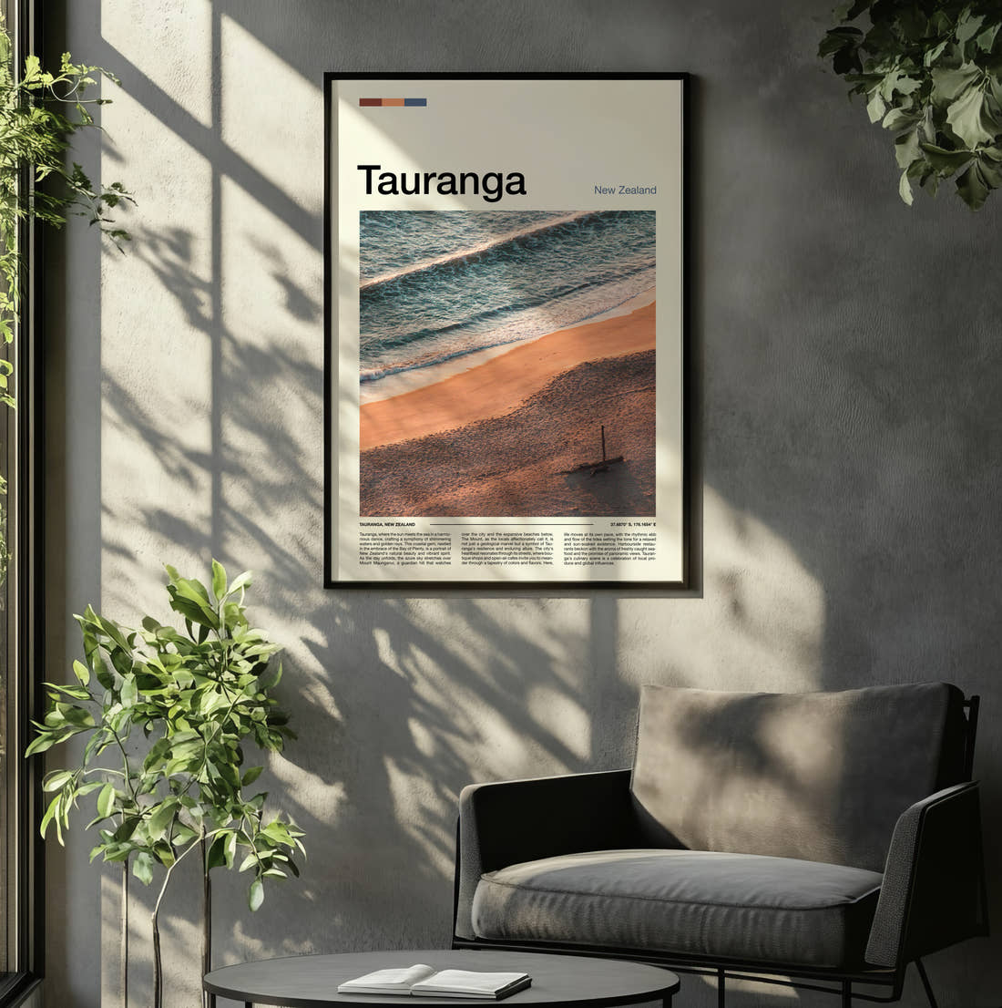 Tauranga Travel Print framed on the wall of a relaxed living room