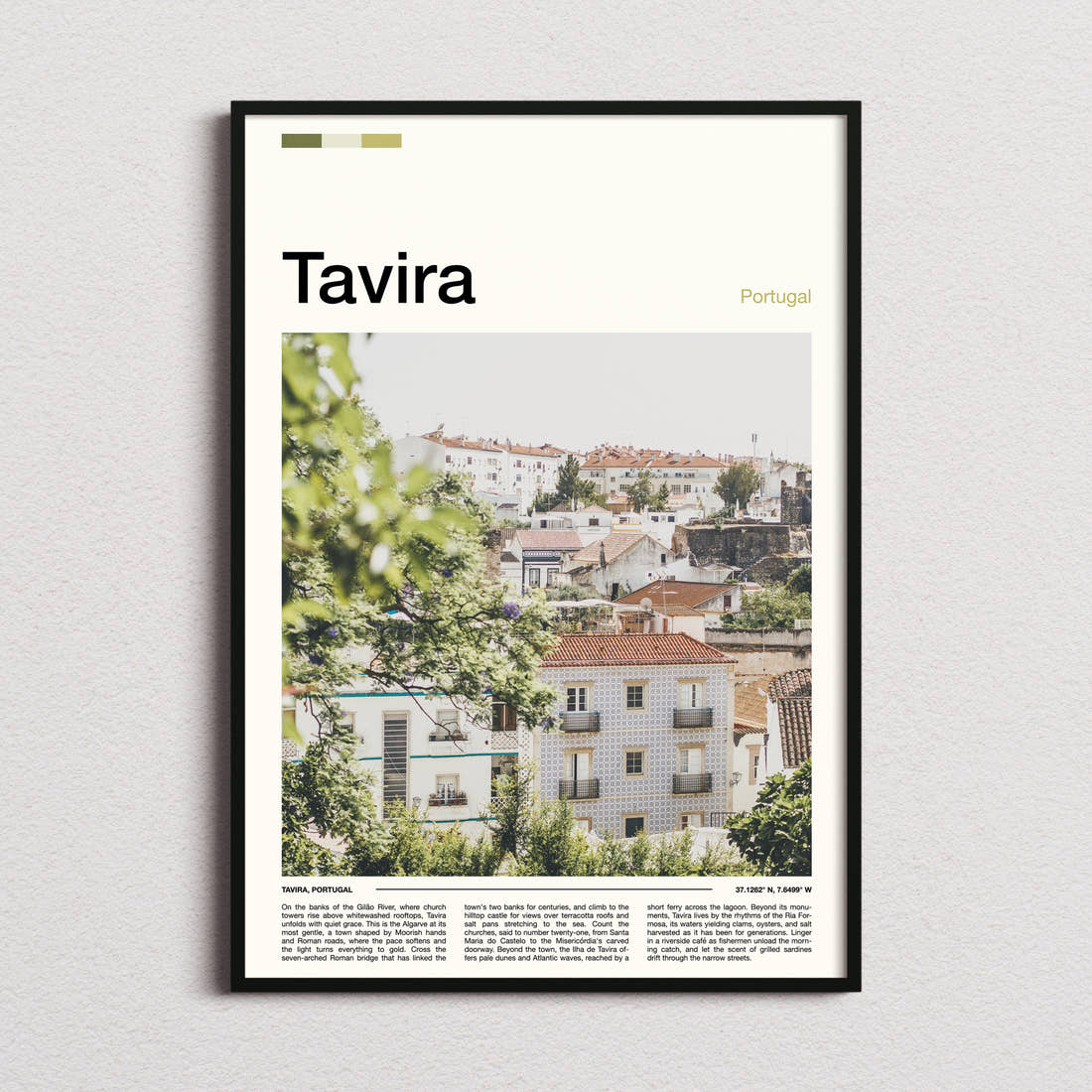 Tavira Whitewashed Hillside Town Travel Print framed and photographed straight on