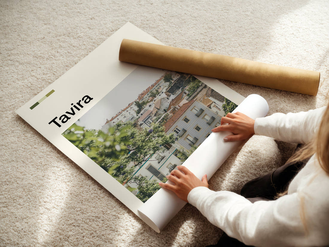 Tavira Whitewashed Hillside Town Travel Print being unrolled from its postal tube