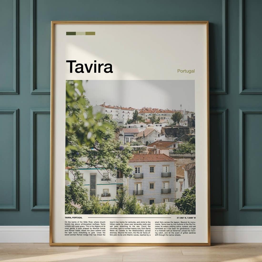 Tavira Whitewashed Hillside Town Travel Print framed on the wall of a calm, neutral bedroom
