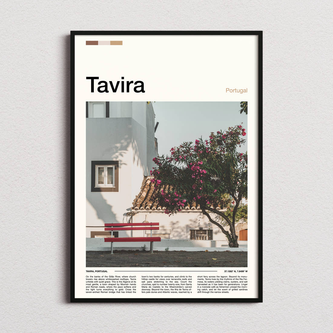 Tavira Whitewashed Courtyard Corner Travel Print framed and photographed straight on