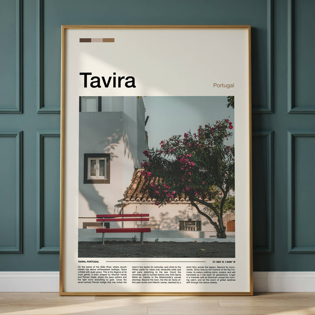 Tavira Whitewashed Courtyard Corner Travel Print framed on the wall of a calm, neutral bedroom