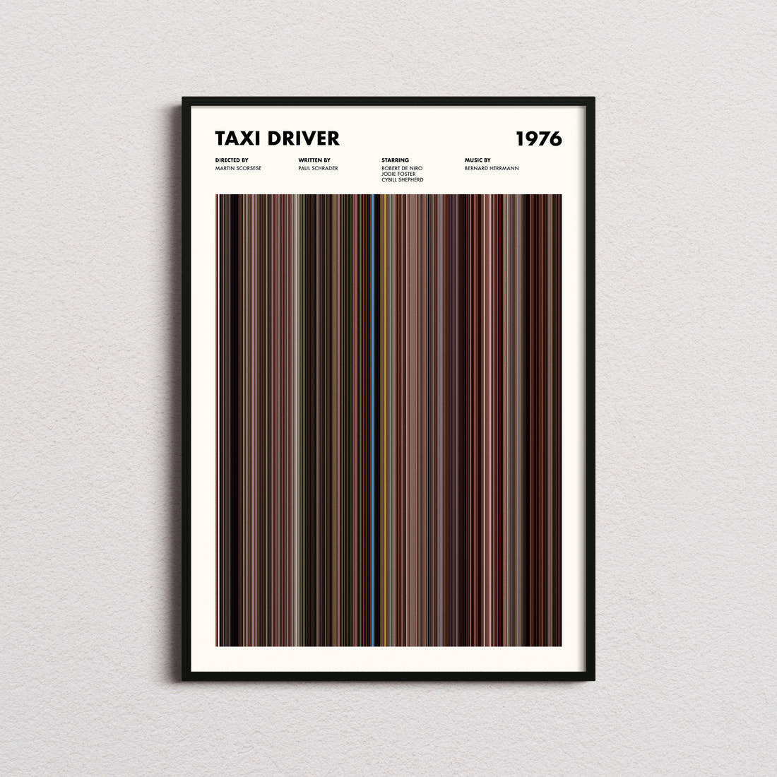 Taxi Driver Movie Barcode Poster framed on a plain studio wall