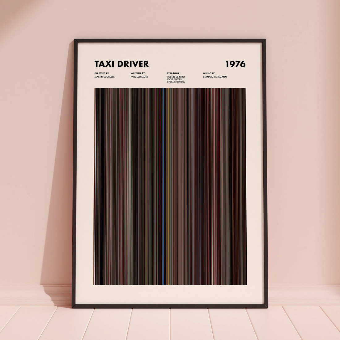 Taxi Driver Movie Barcode Poster framed and leaning against a coloured wall
