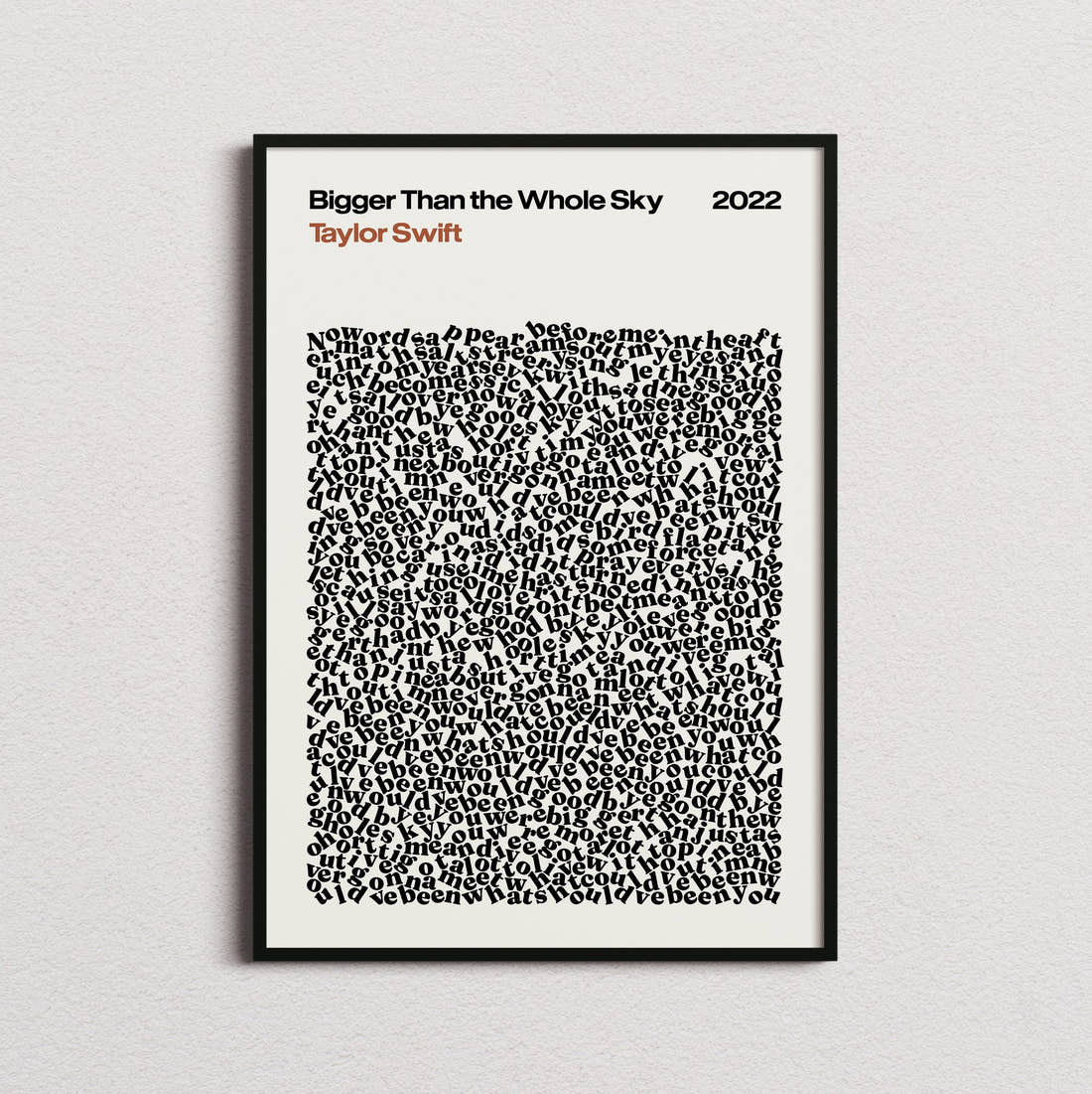 Taylor Swift Bigger Than the Whole Sky Lyric Print in the cream colourway, framed