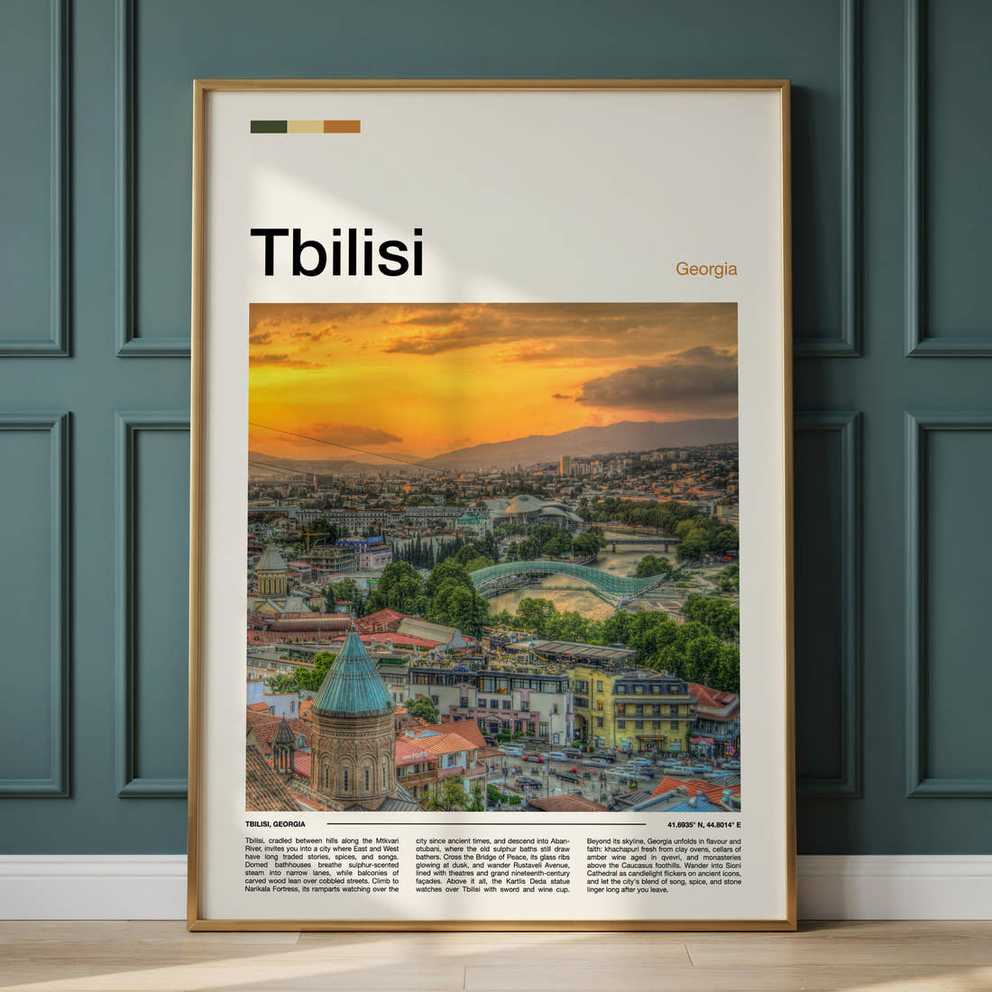 Tbilisi Sunset City Skyline Travel Print framed on the wall of a calm, neutral bedroom