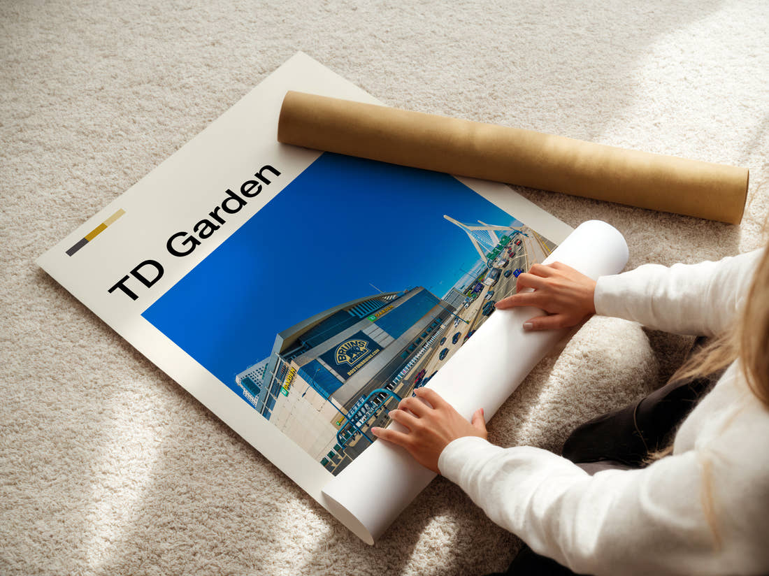 Td Garden Stadium Print being unrolled from its postal tube