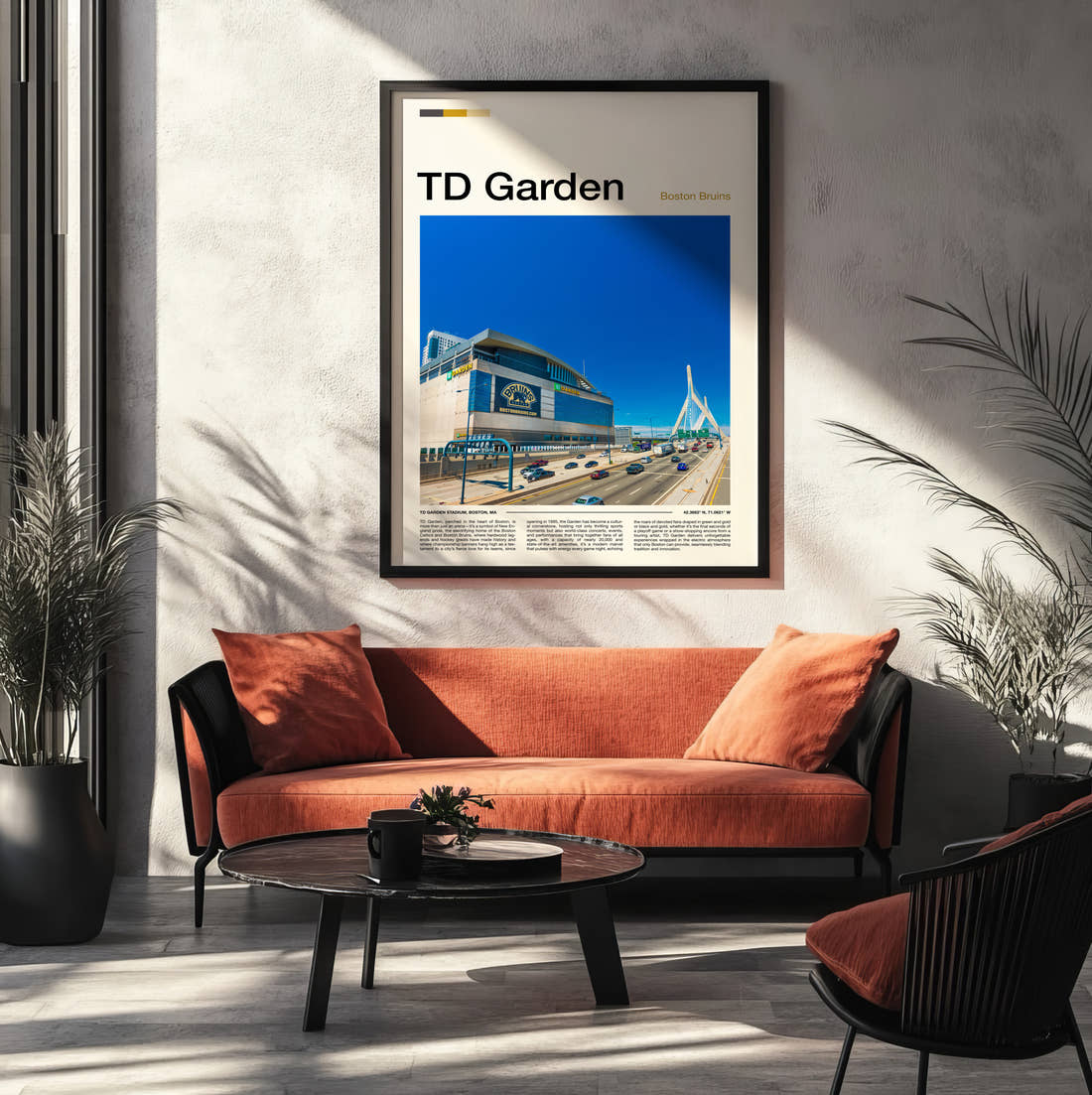 Td Garden Stadium Print framed on the wall of a modern living room