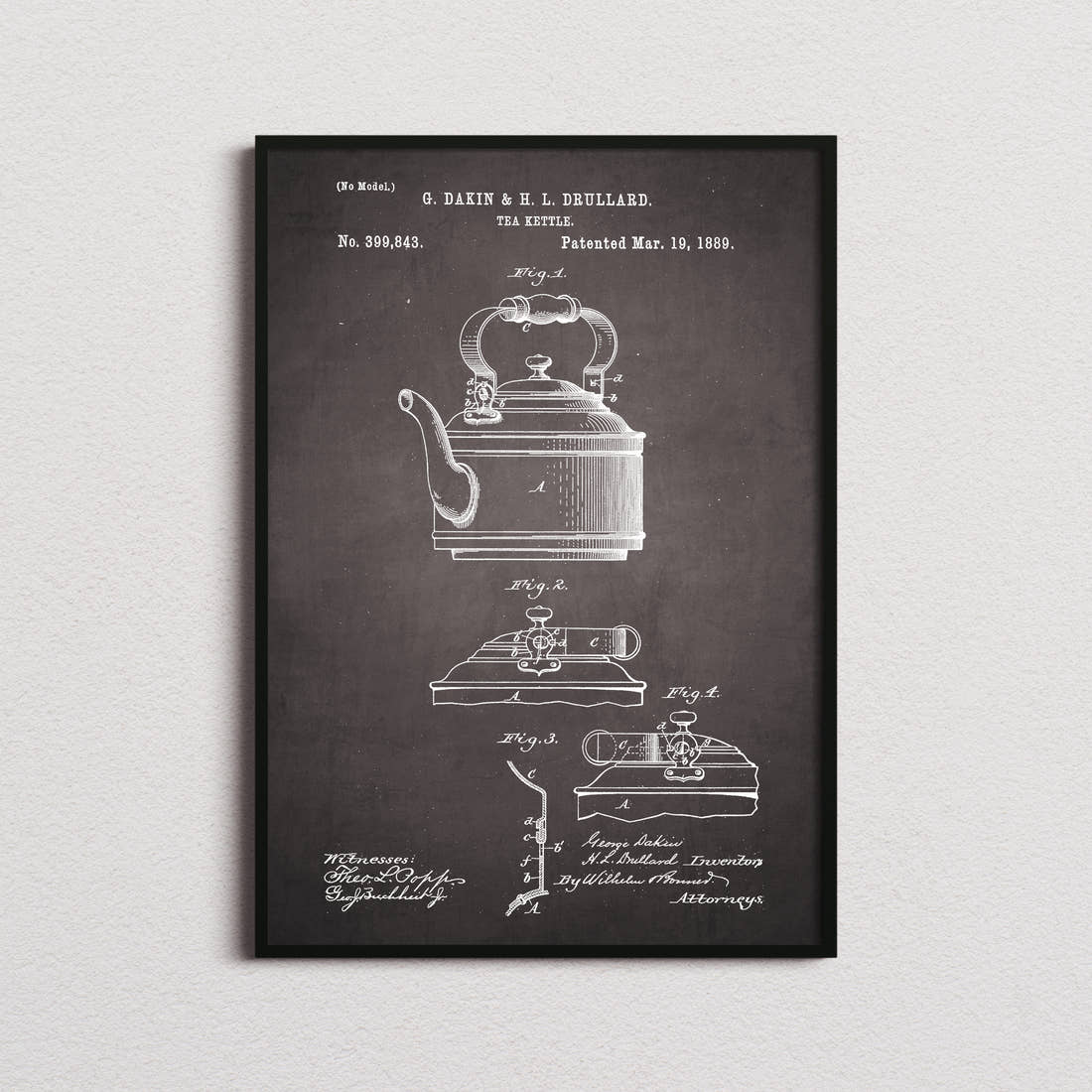Tea Kettle Patent Print in the blackboard colourway, framed