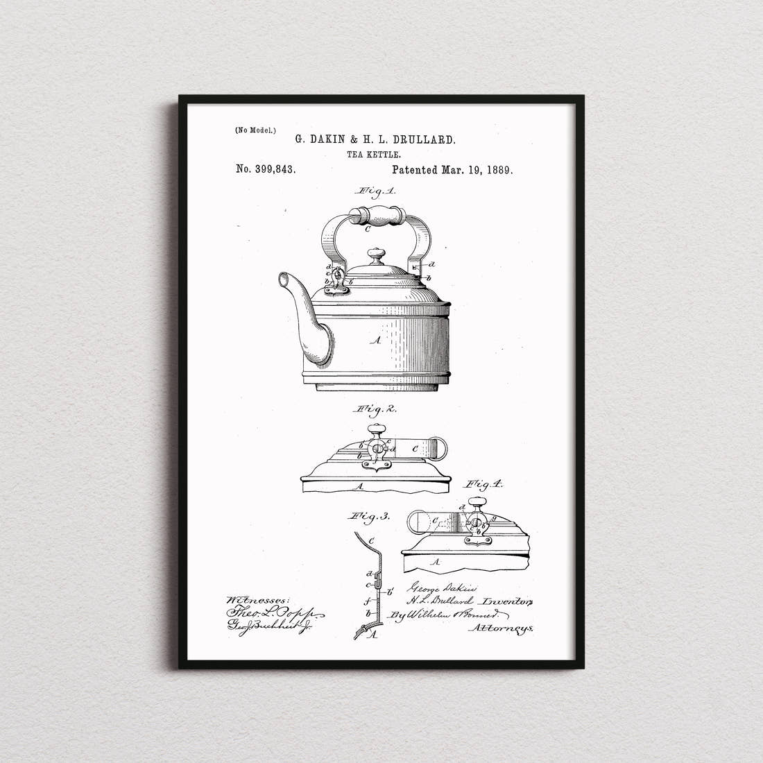 Tea Kettle Patent Print in the white colourway, framed