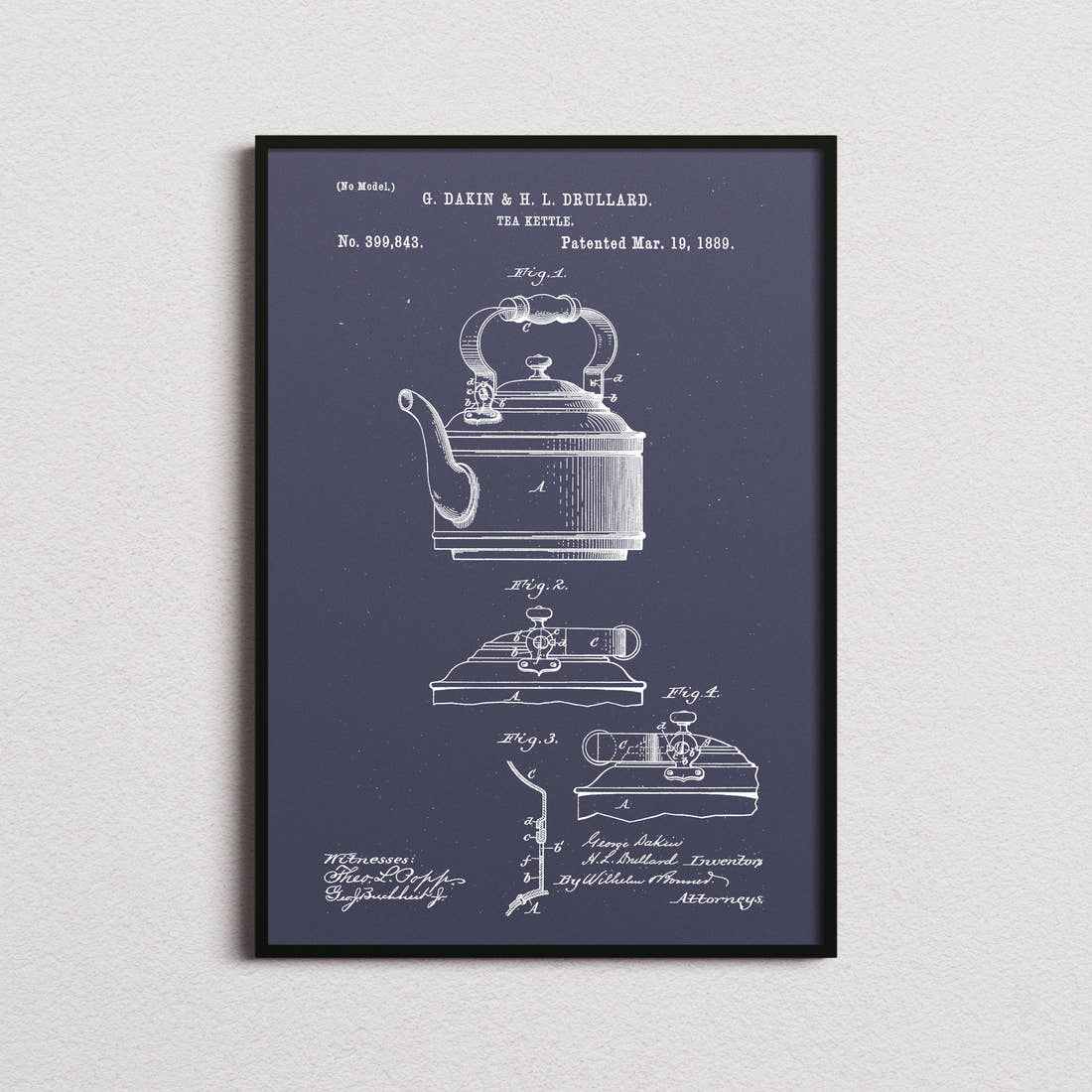 Tea Kettle Patent Print in the navy colourway, framed