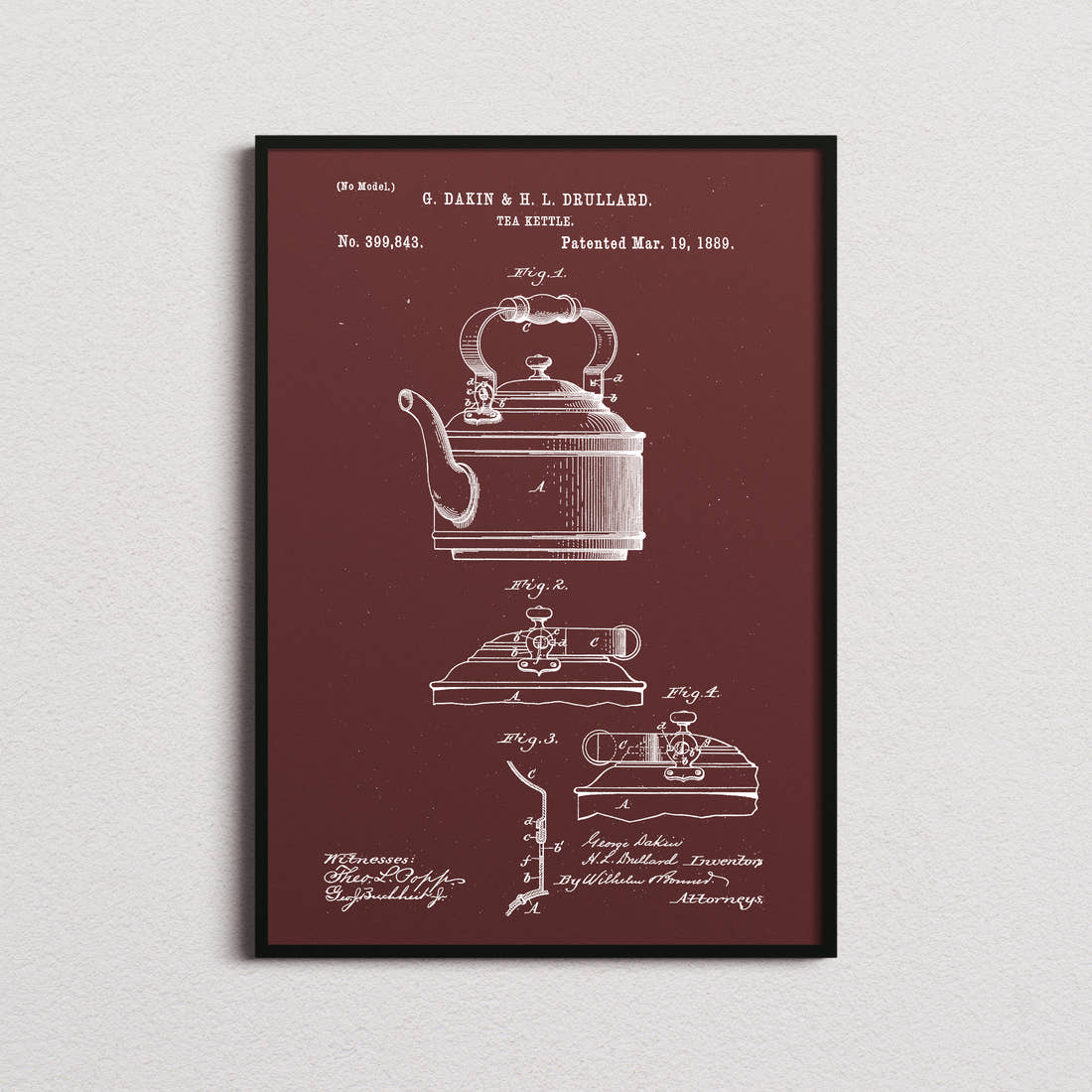 Tea Kettle Patent Print in the burgundy colourway, framed