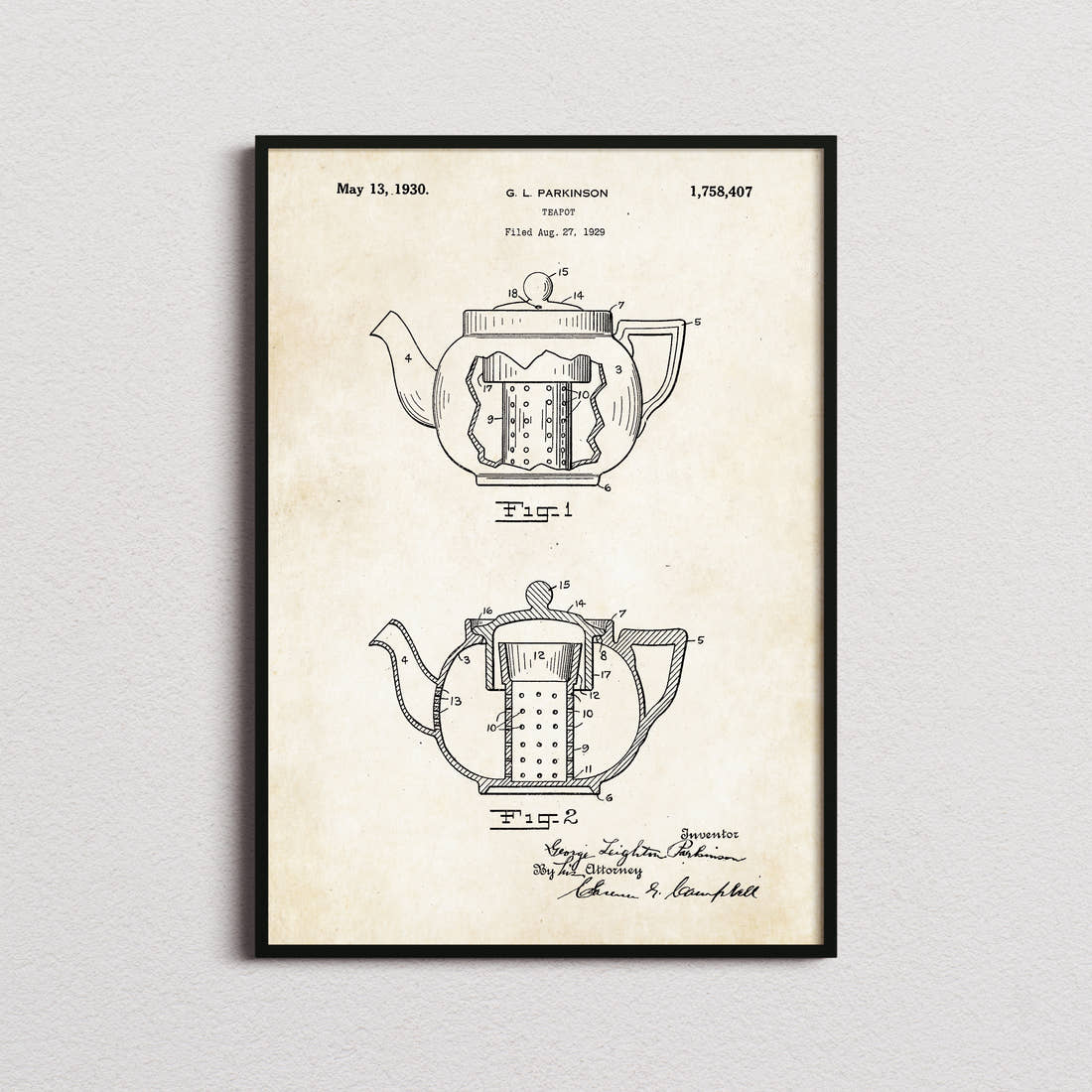 Tea Pot Patent Print in the aged paper colourway, framed