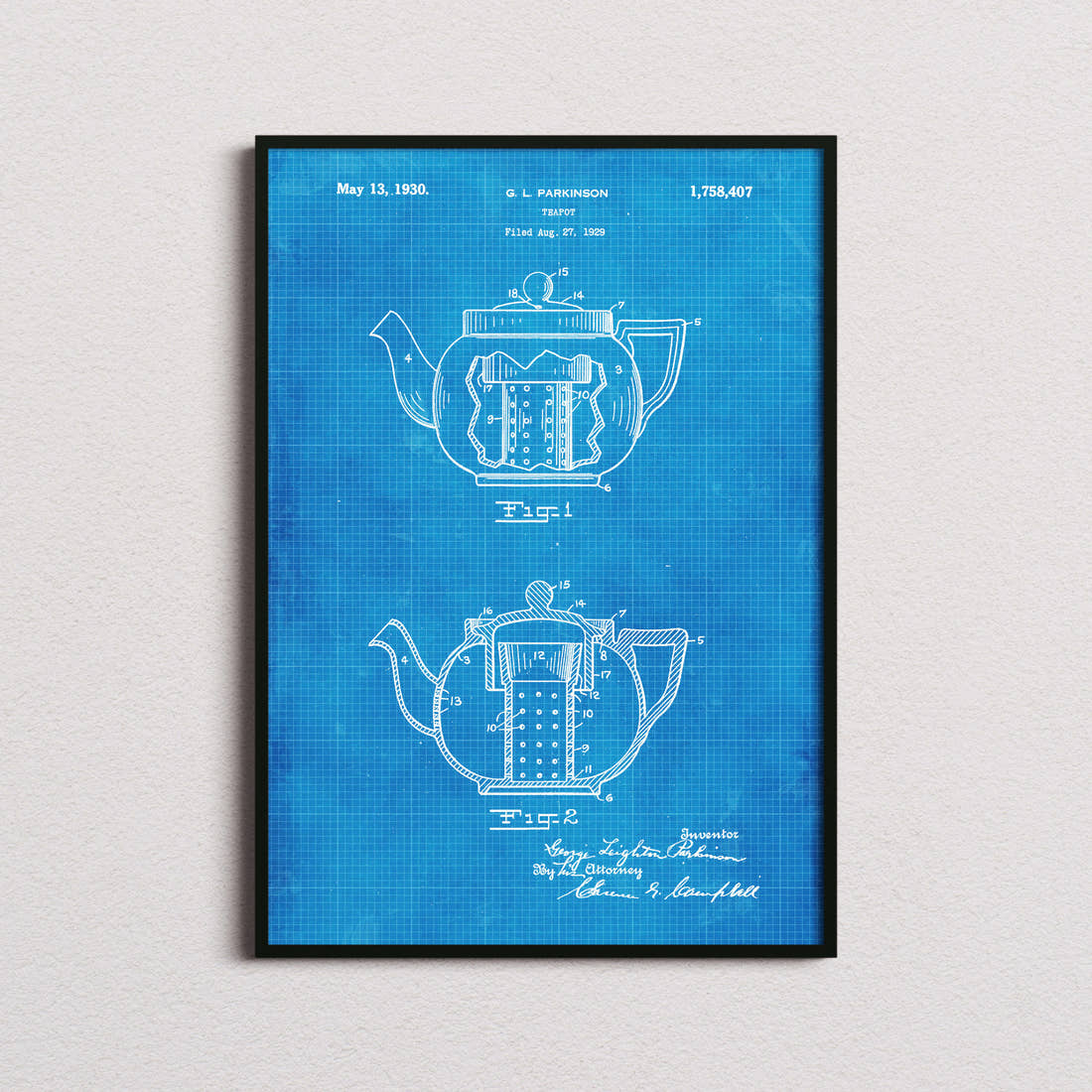 Tea Pot Patent Print in the blueprint colourway, framed