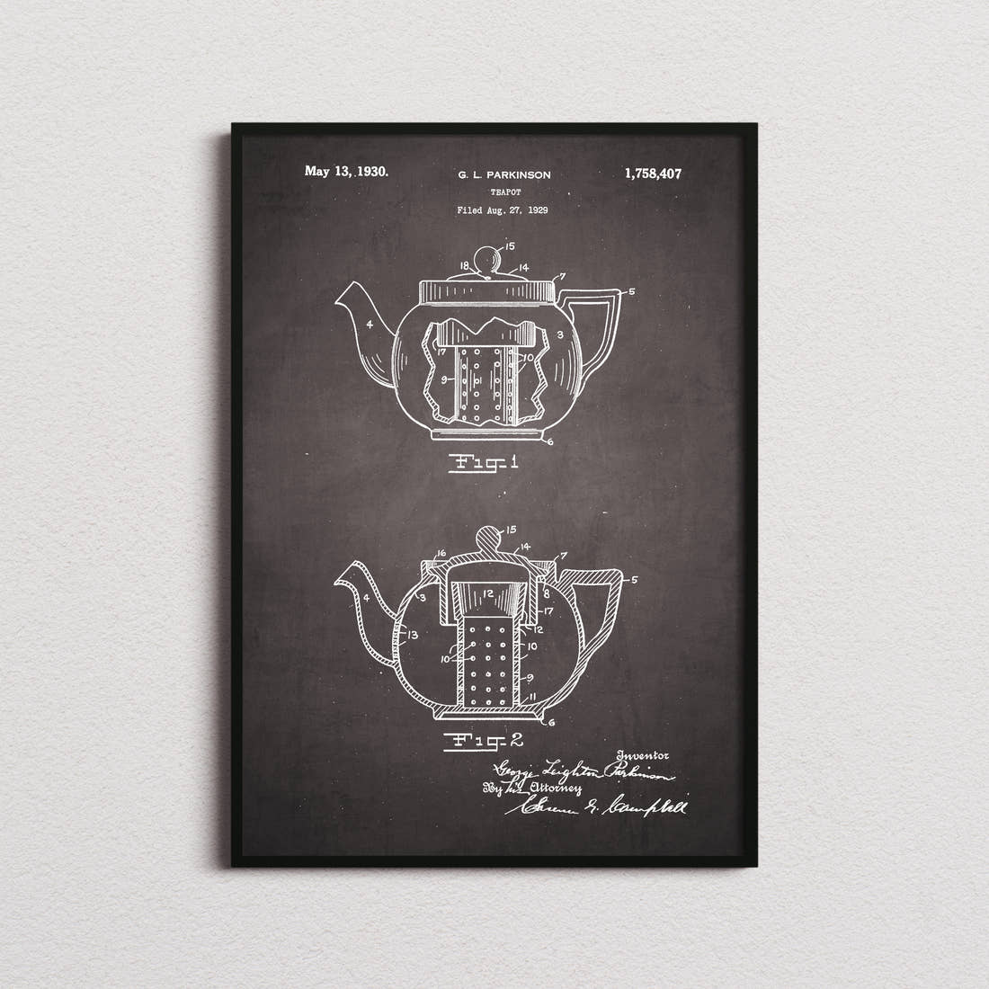 Tea Pot Patent Print in the blackboard colourway, framed