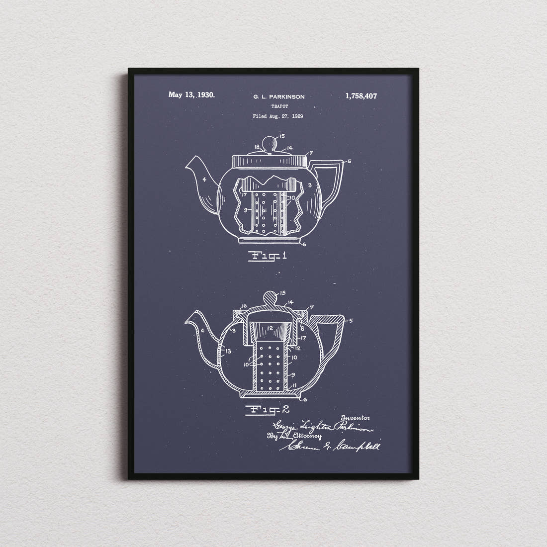 Tea Pot Patent Print in the navy colourway, framed