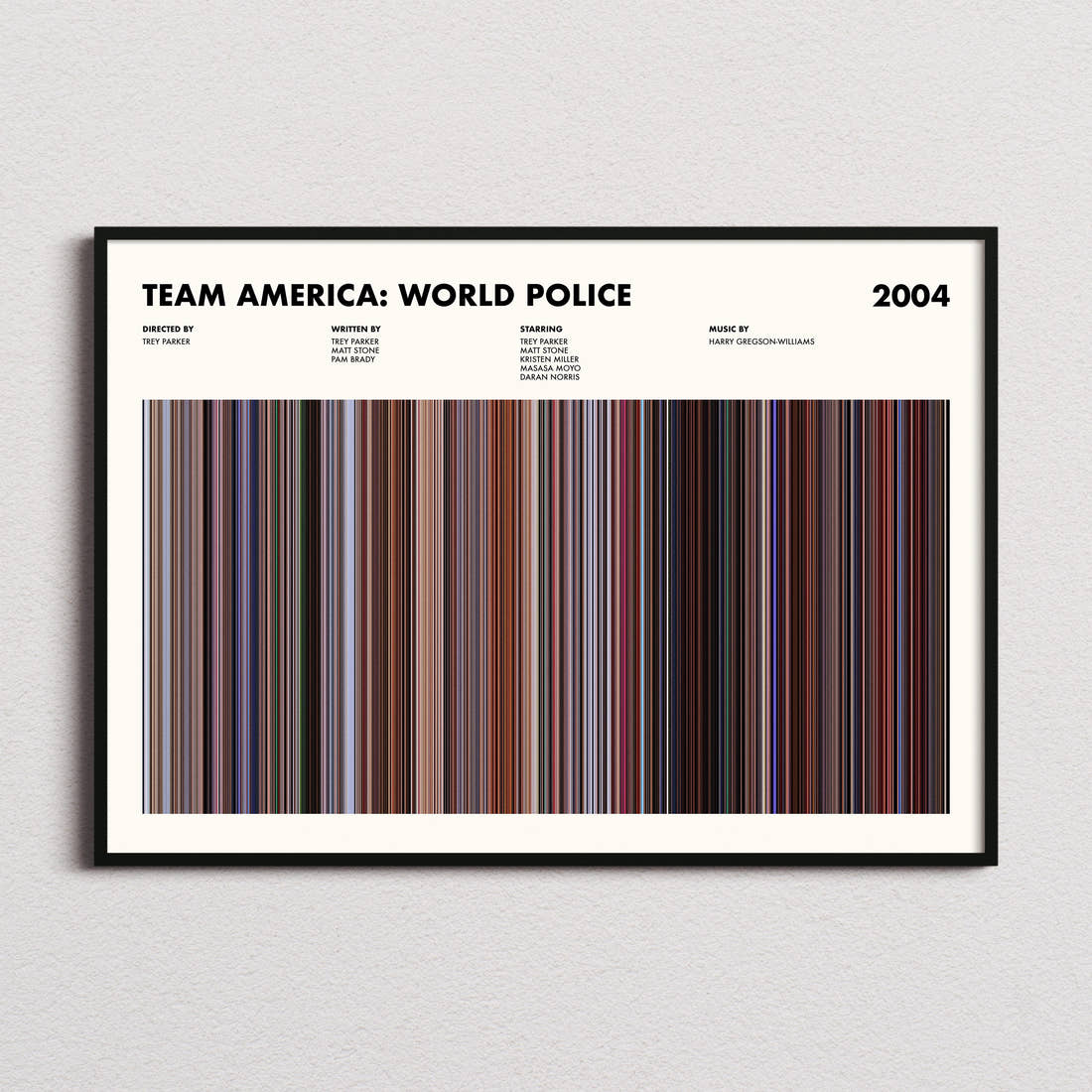 Team America: World Police Movie Barcode Poster framed and photographed straight on