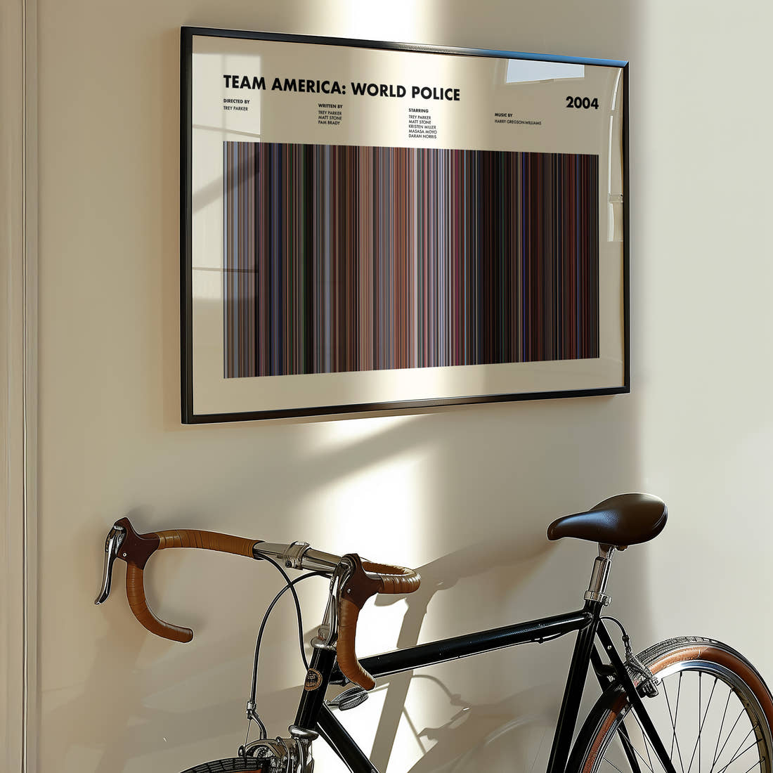 Team America: World Police Movie Barcode Poster framed on the wall of a styled room setting