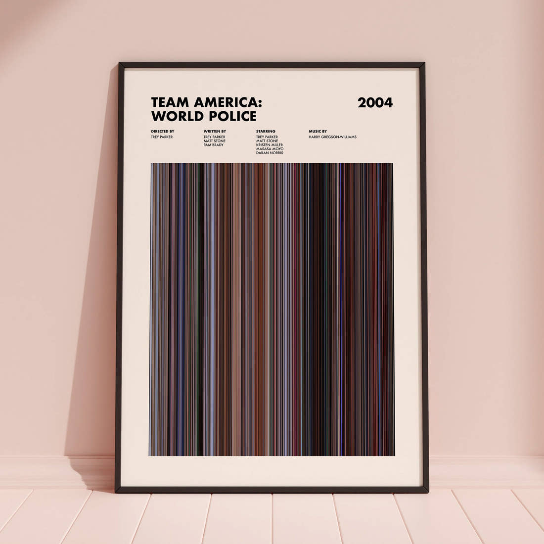 Team America: World Police Movie Barcode Poster framed and leaning against a coloured wall