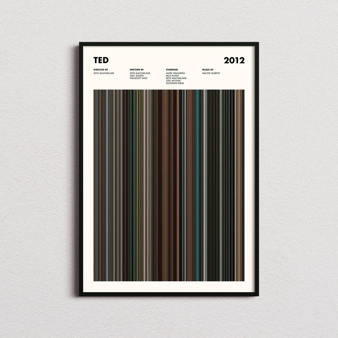 Ted Movie Barcode Poster framed on a plain studio wall