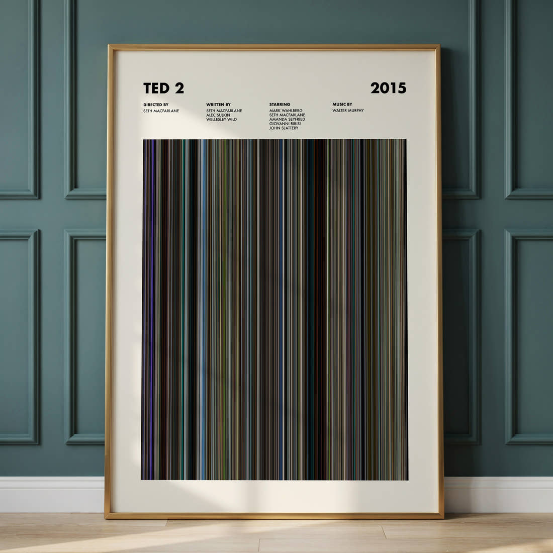 Ted 2 Movie Barcode Poster framed and leaning against a panelled wall