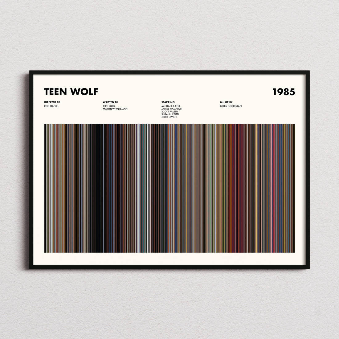Teen Wolf Movie Barcode Poster framed and photographed straight on