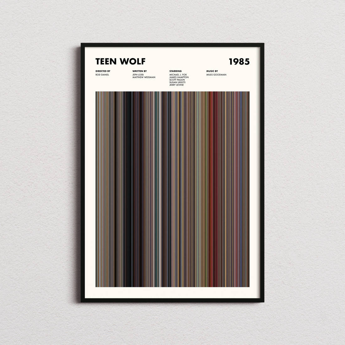 Teen Wolf Movie Barcode Poster framed on a plain studio wall