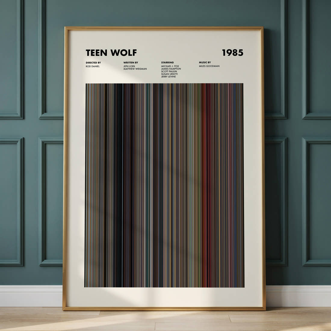 Teen Wolf Movie Barcode Poster framed and leaning against a panelled wall