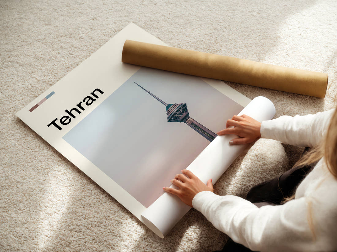 Tehran Milad Tower Travel Print being unrolled from its postal tube