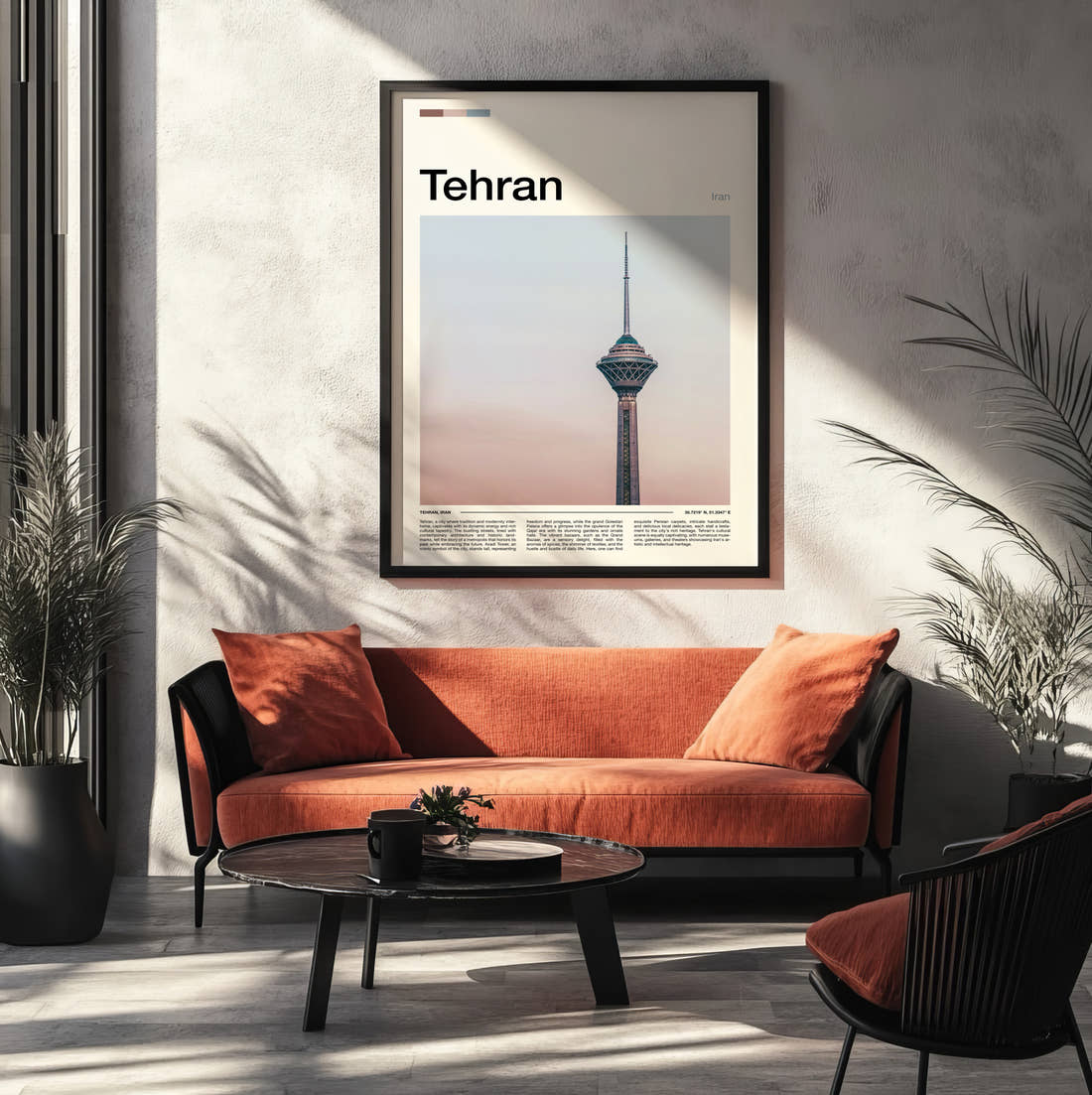Tehran Milad Tower Travel Print framed on the wall of a modern living room