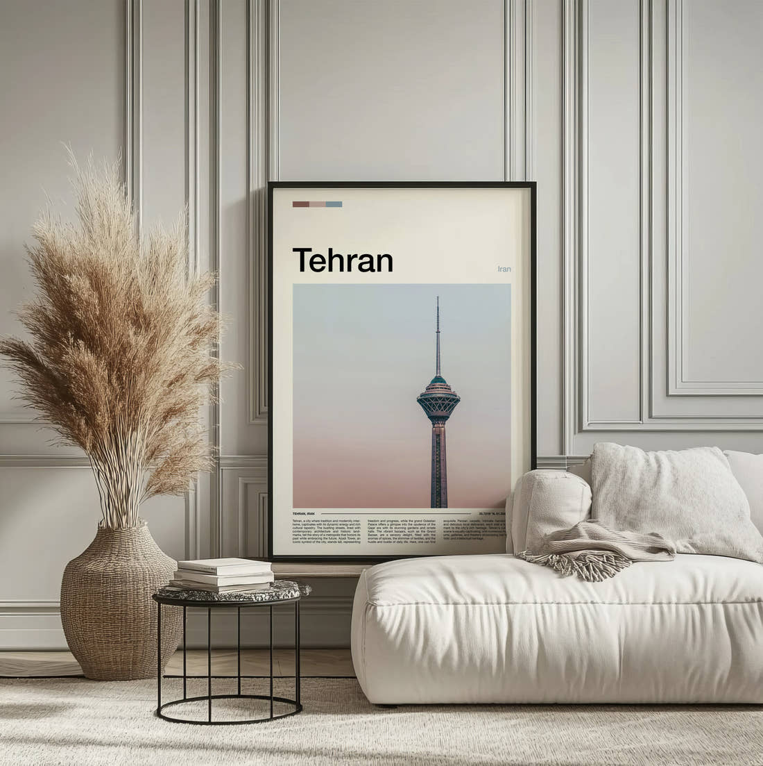 Tehran Milad Tower Travel Print framed on the wall of a calm, neutral bedroom