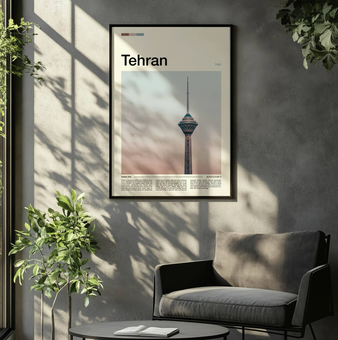 Tehran Milad Tower Travel Print framed on the wall of a relaxed living room