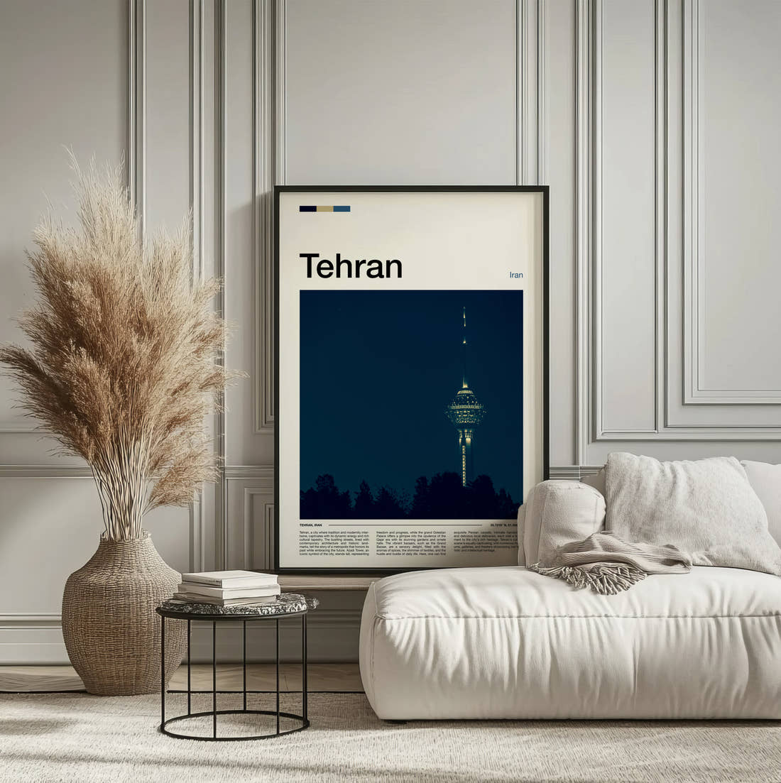 Tehran Milad Tower At Night Travel Print framed on the wall of a calm, neutral bedroom