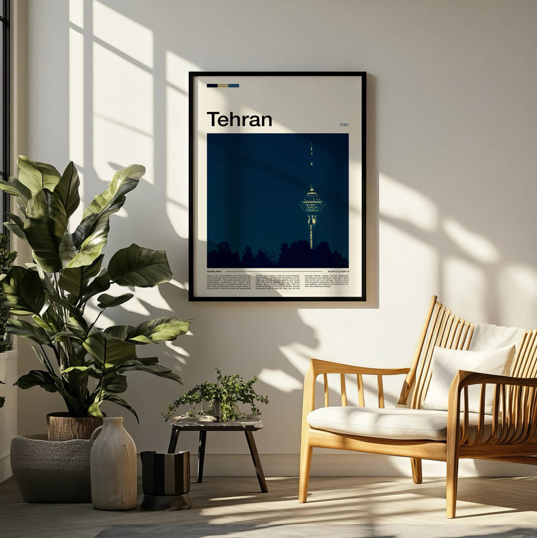 Tehran Milad Tower At Night Travel Print framed on a pale wall beside houseplants