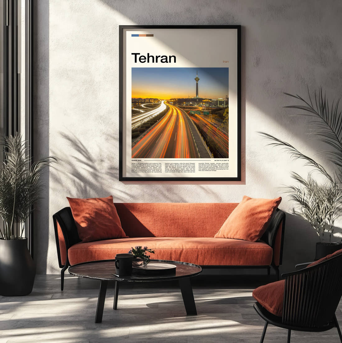 Tehran Traffic Light Trails Travel Print framed on the wall of a modern living room