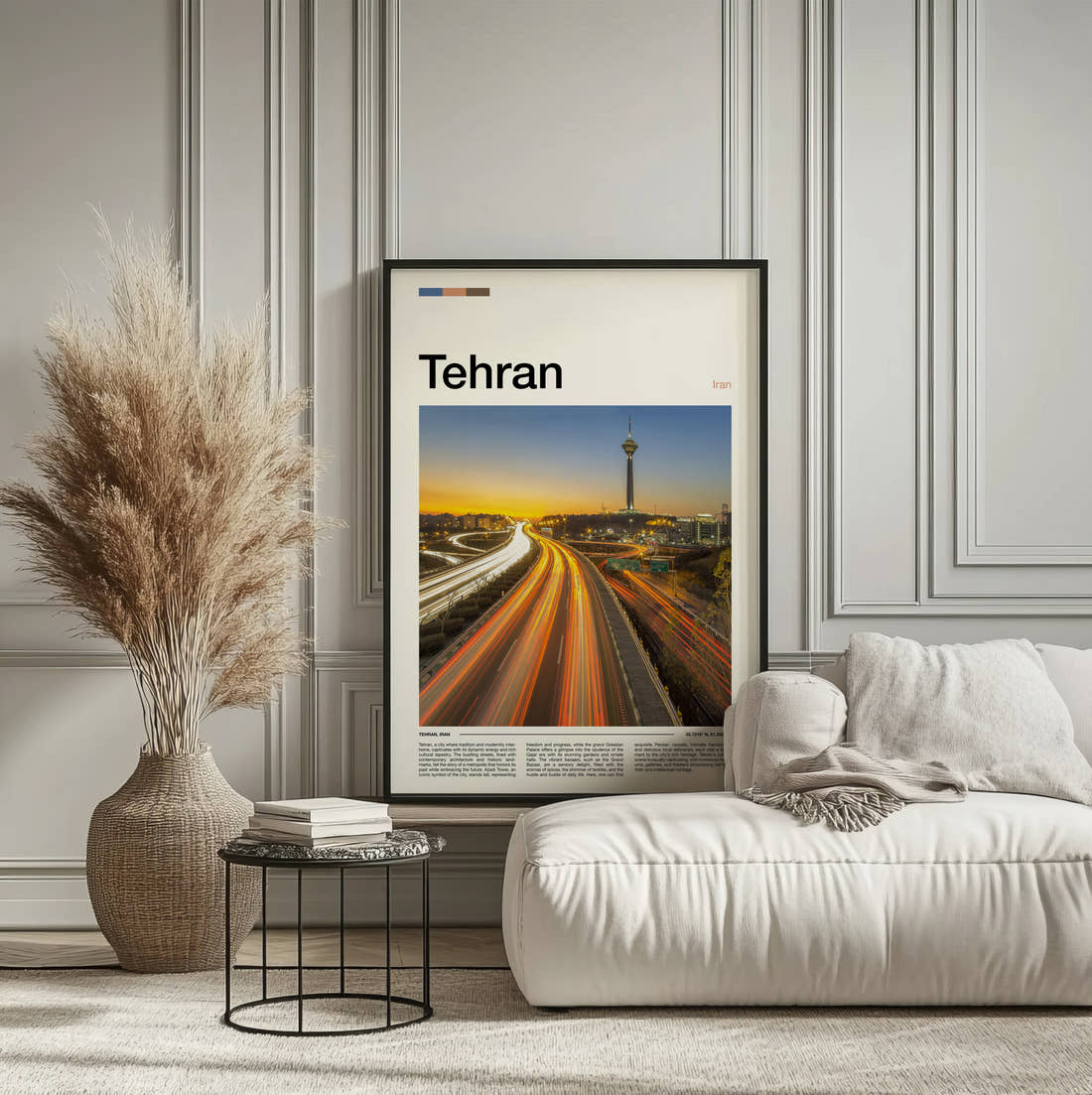 Tehran Traffic Light Trails Travel Print framed on the wall of a calm, neutral bedroom