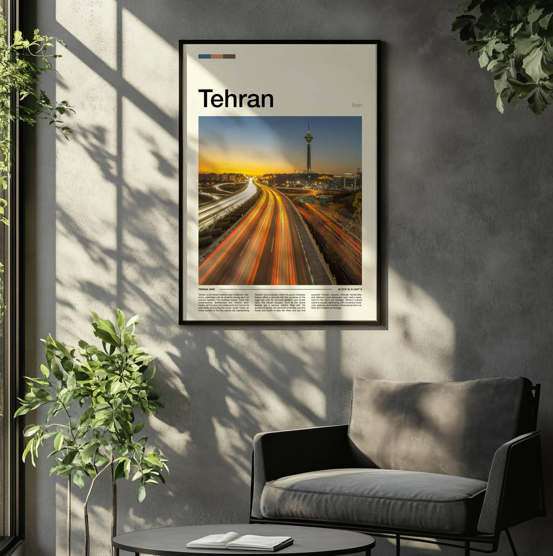 Tehran Traffic Light Trails Travel Print framed on the wall of a relaxed living room