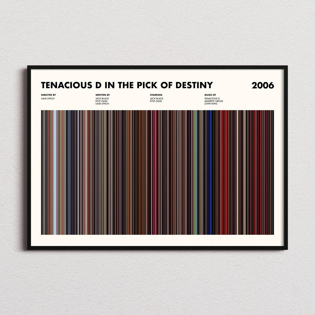Tenacious D In The Pick Of Destiny Movie Barcode Poster framed and photographed straight on