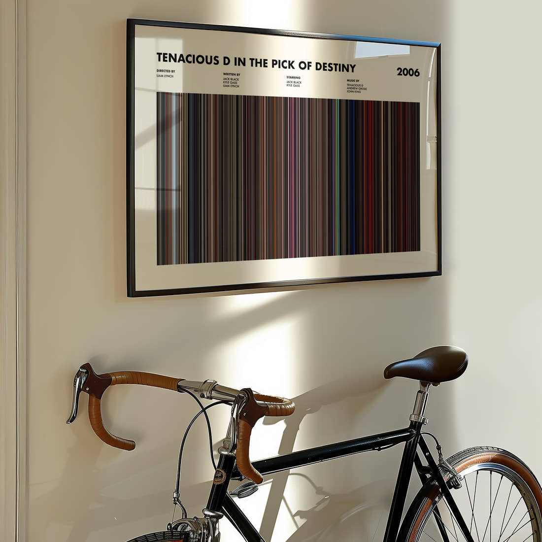 Tenacious D In The Pick Of Destiny Movie Barcode Poster framed on the wall of a styled room setting